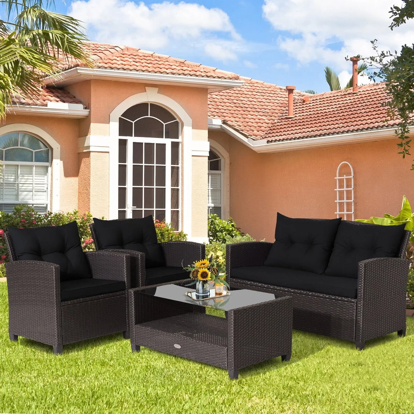 4 Pieces Outdoor Rattan Armrest Furniture Set Table with Lower Shelf-Beige Direct by Wilsons Home Store