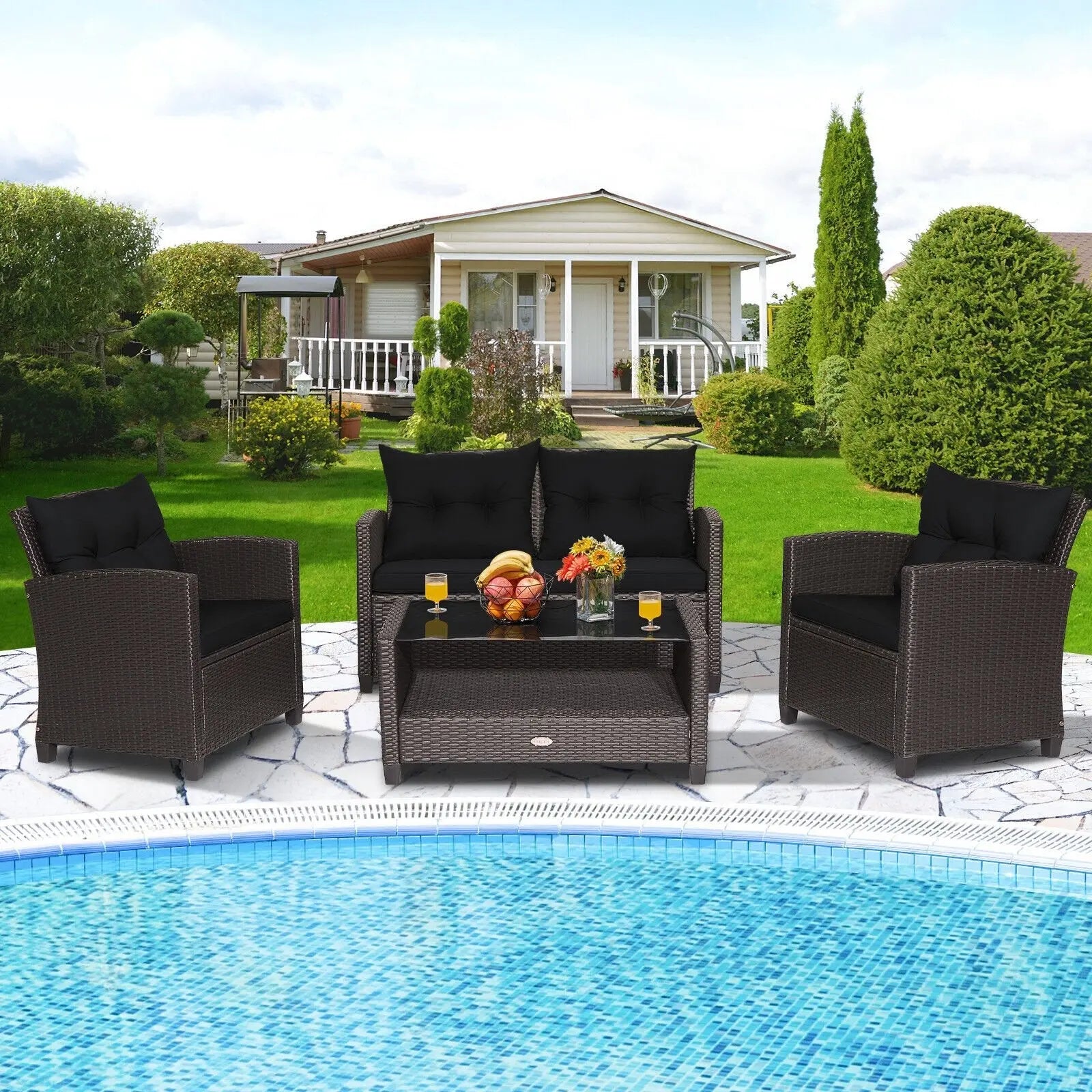 4 Pieces Outdoor Rattan Armrest Furniture Set Table with Lower Shelf-Beige Direct by Wilsons Home Store