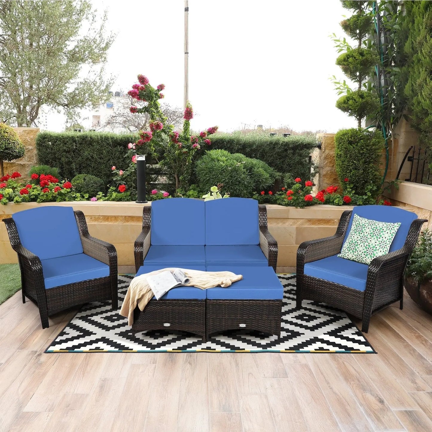 5 Pieces Patio Rattan Sofa Set with Cushion and Ottoman-Black Direct by Wilsons Home Store