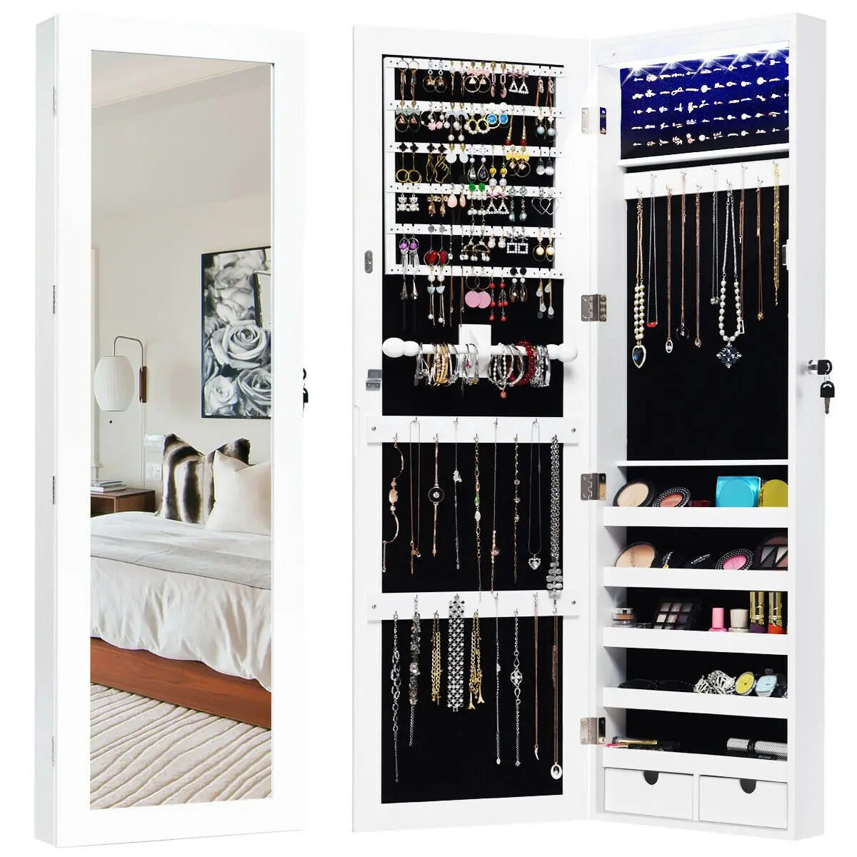 Door Mounted Lockable Mirrored Jewelry Cabinet with LED Lights Direct by Wilsons Home Store
