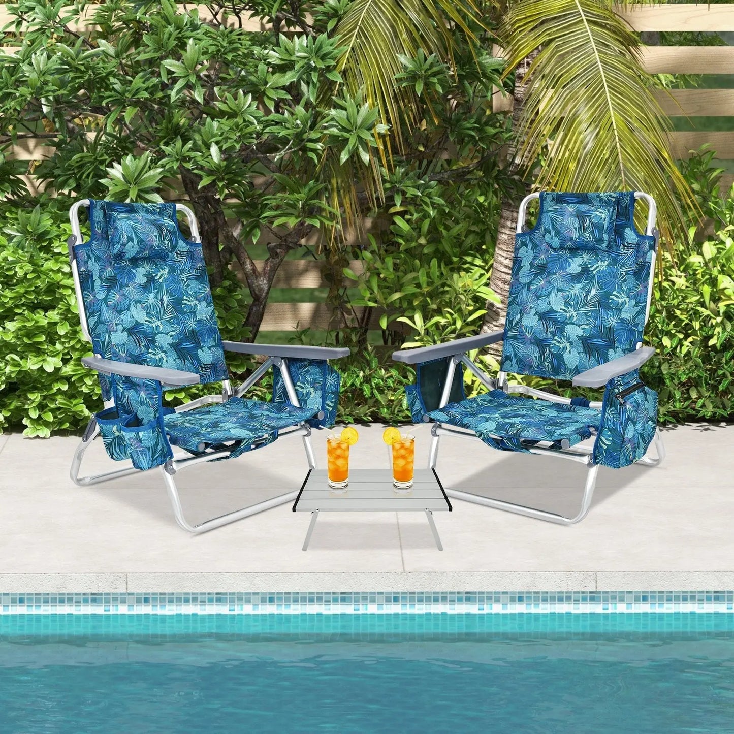 2 Packs 5-Position Outdoor Folding Backpack Beach Table Chair Reclining Chair Set-Blue Direct by Wilsons Home Store