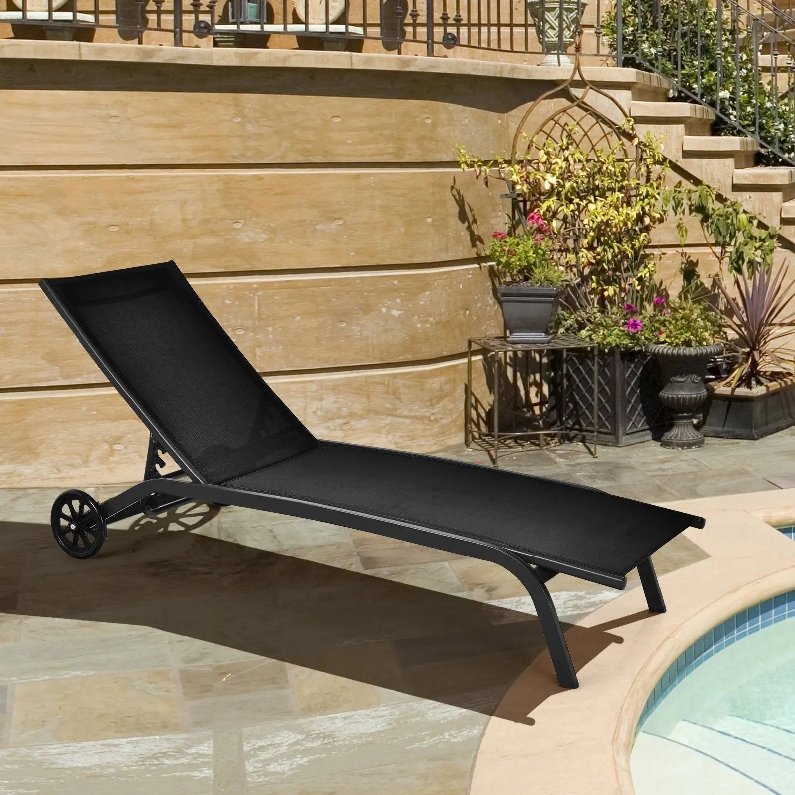 6-Poisition Adjustable Outdoor Chaise Recliner with Wheels-Black Direct by Wilsons Home Store
