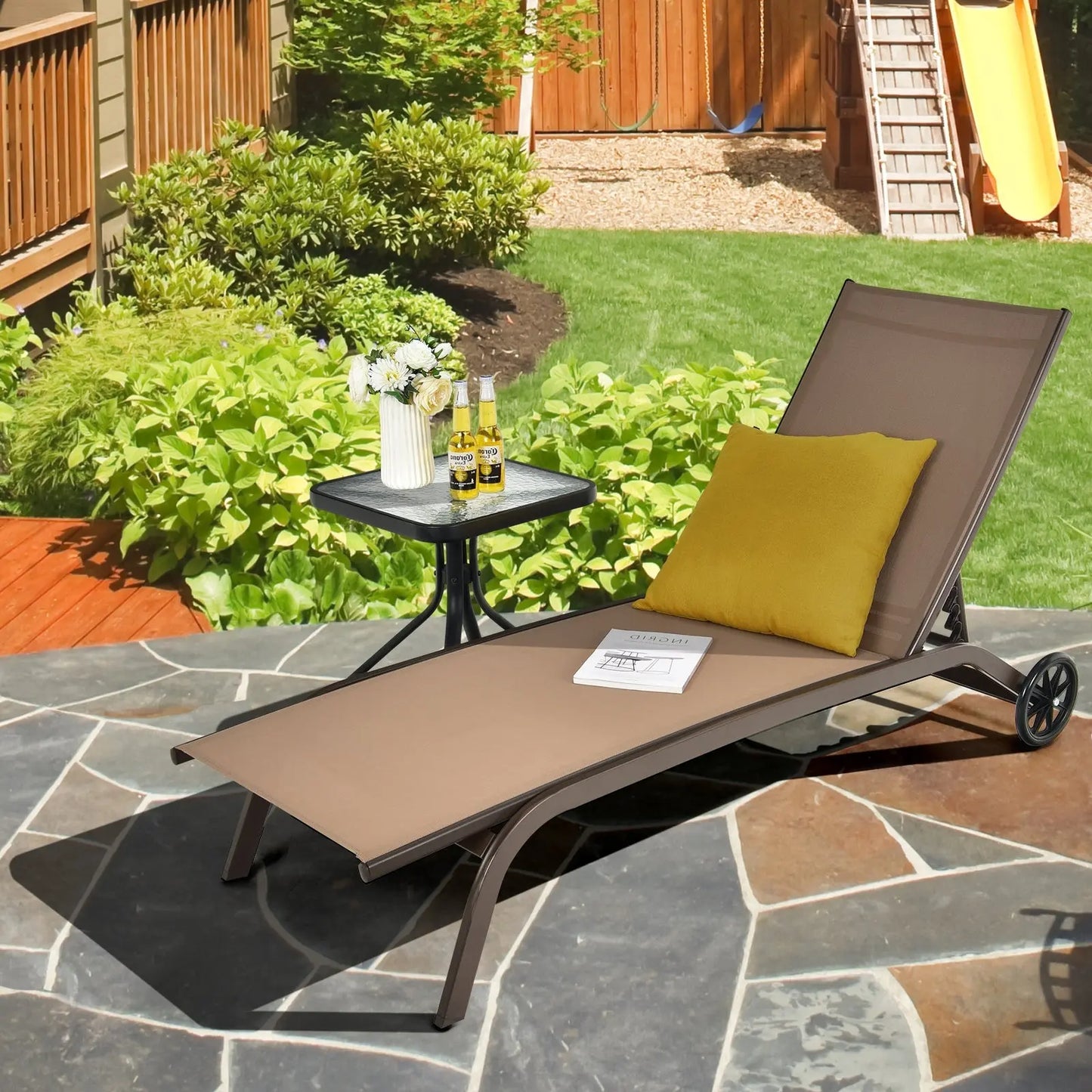 6-Poisition Adjustable Outdoor Chaise Recliner with Wheels-Black Direct by Wilsons Home Store