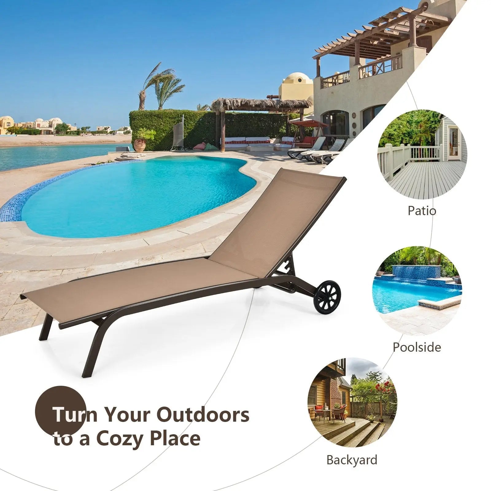 6-Poisition Adjustable Outdoor Chaise Recliner with Wheels-Black Direct by Wilsons Home Store