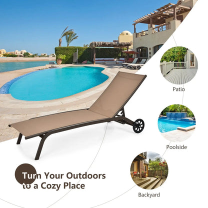 6-Poisition Adjustable Outdoor Chaise Recliner with Wheels-Black Direct by Wilsons Home Store