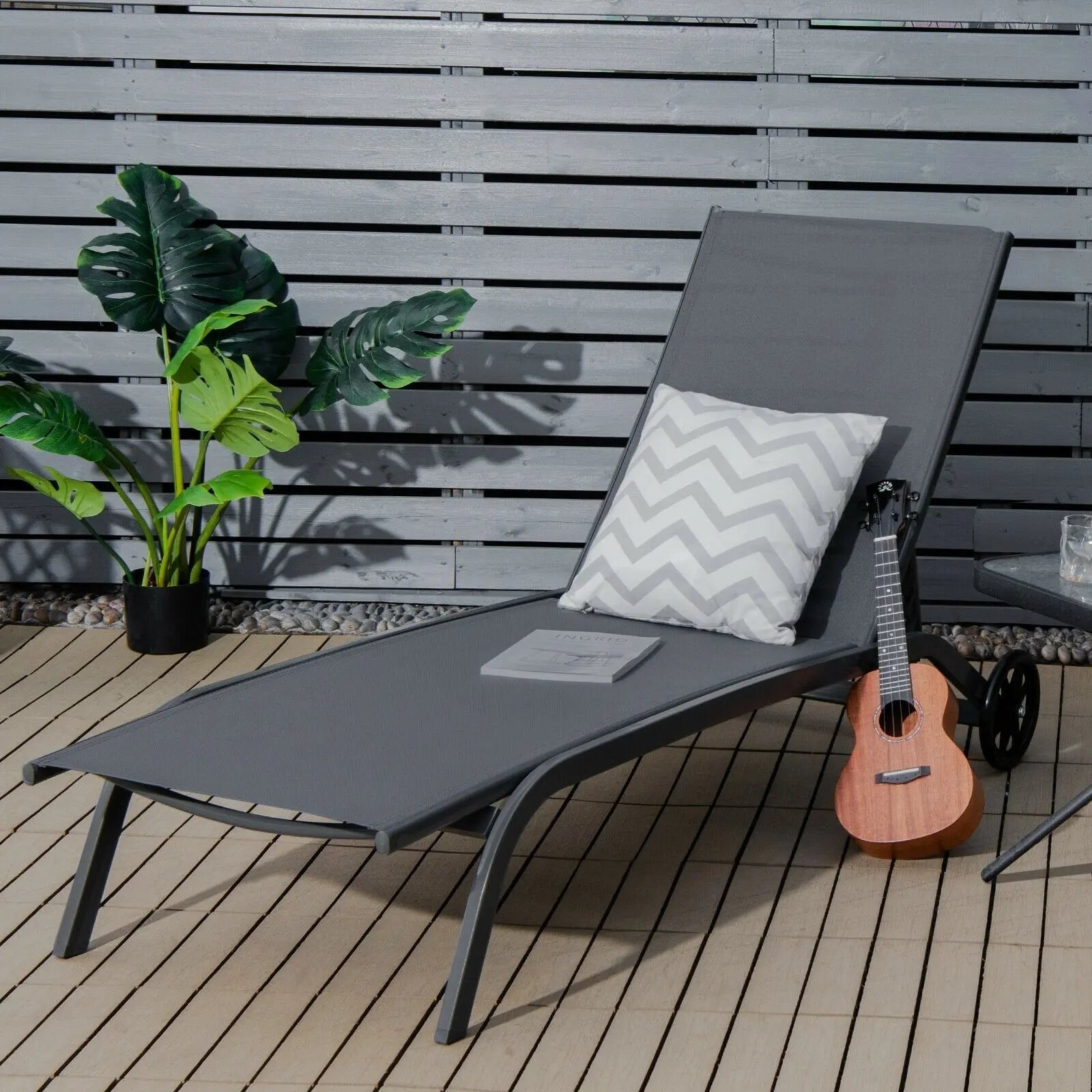 6-Poisition Adjustable Outdoor Chaise Recliner with Wheels-Black Direct by Wilsons Home Store