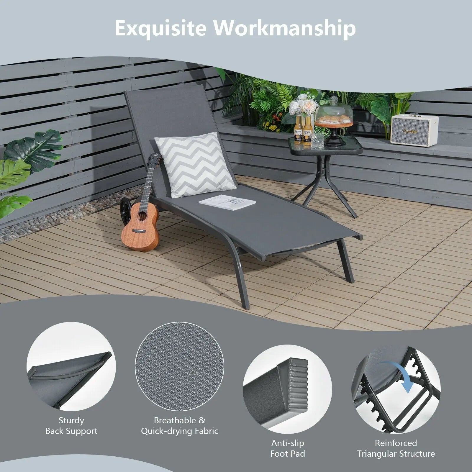 6-Poisition Adjustable Outdoor Chaise Recliner with Wheels-Black Direct by Wilsons Home Store