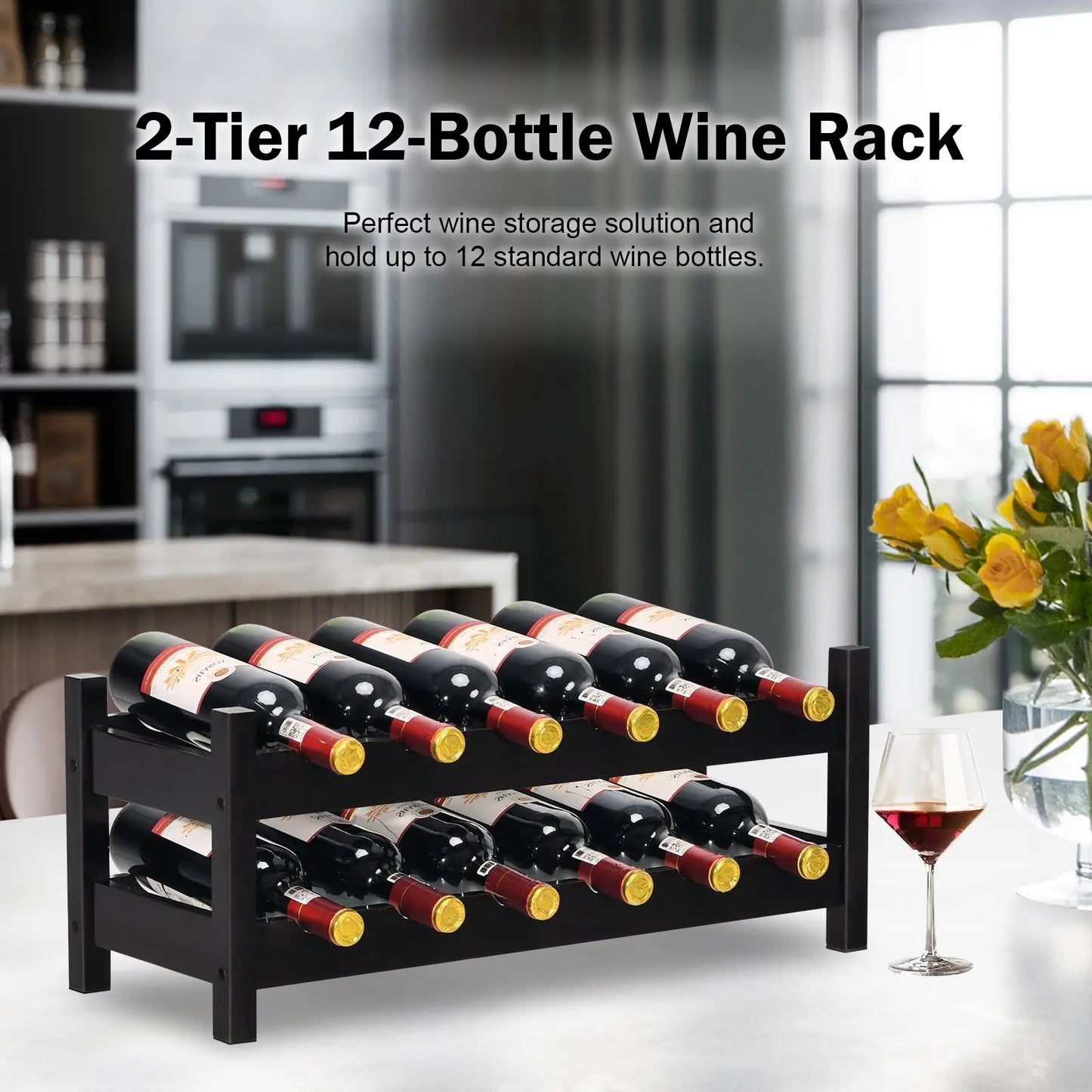 12 Bottles 2-Tier Bamboo Storage Shelf Wine Rack-Brown Direct by Wilsons Home Store