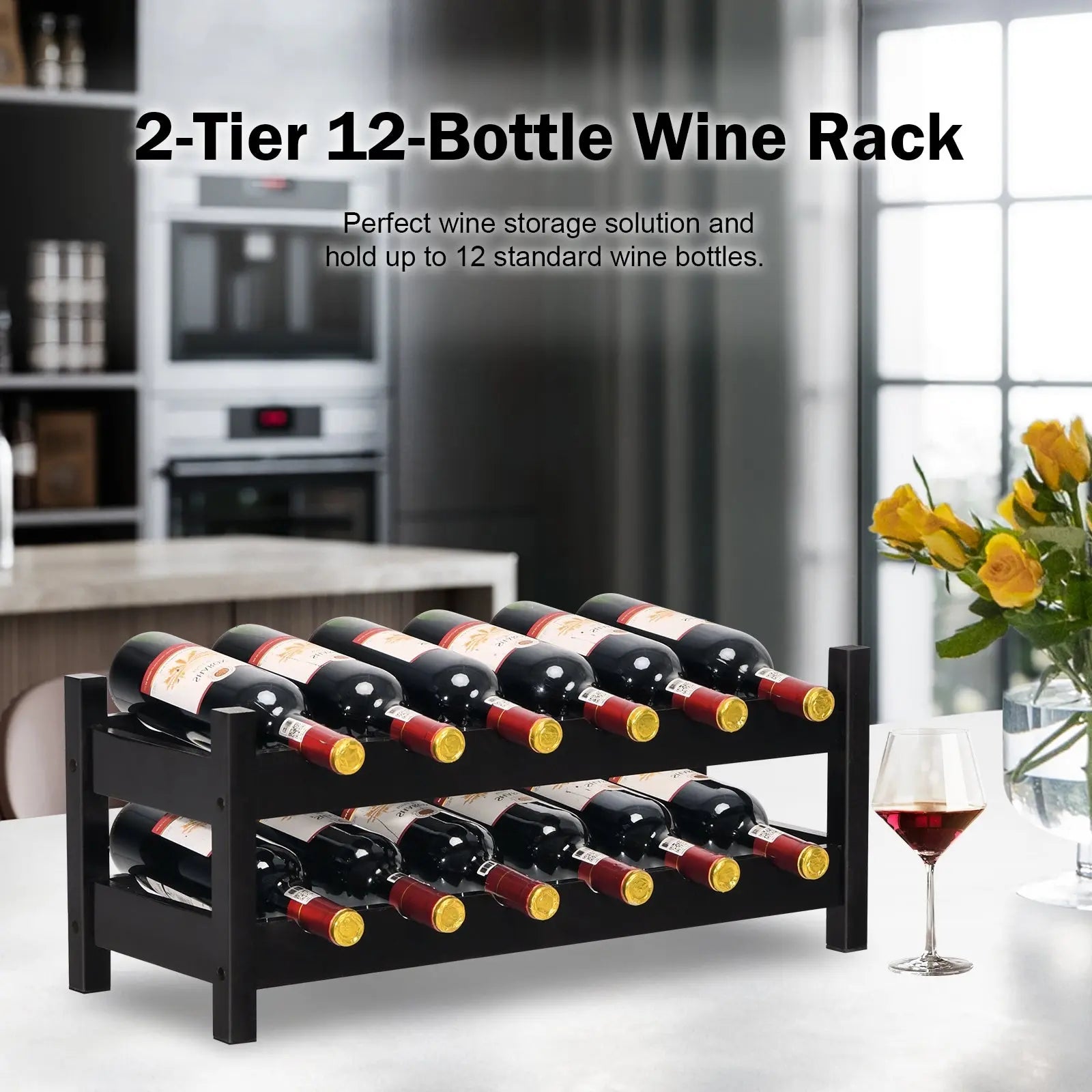 12 Bottles 2-Tier Bamboo Storage Shelf Wine Rack-Brown Direct by Wilsons Home Store
