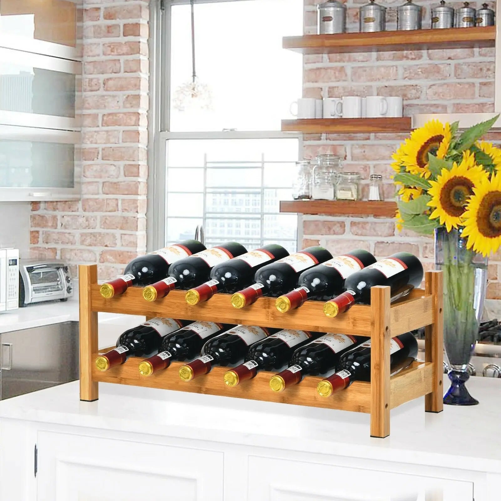 12 Bottles 2-Tier Bamboo Storage Shelf Wine Rack-Brown Direct by Wilsons Home Store