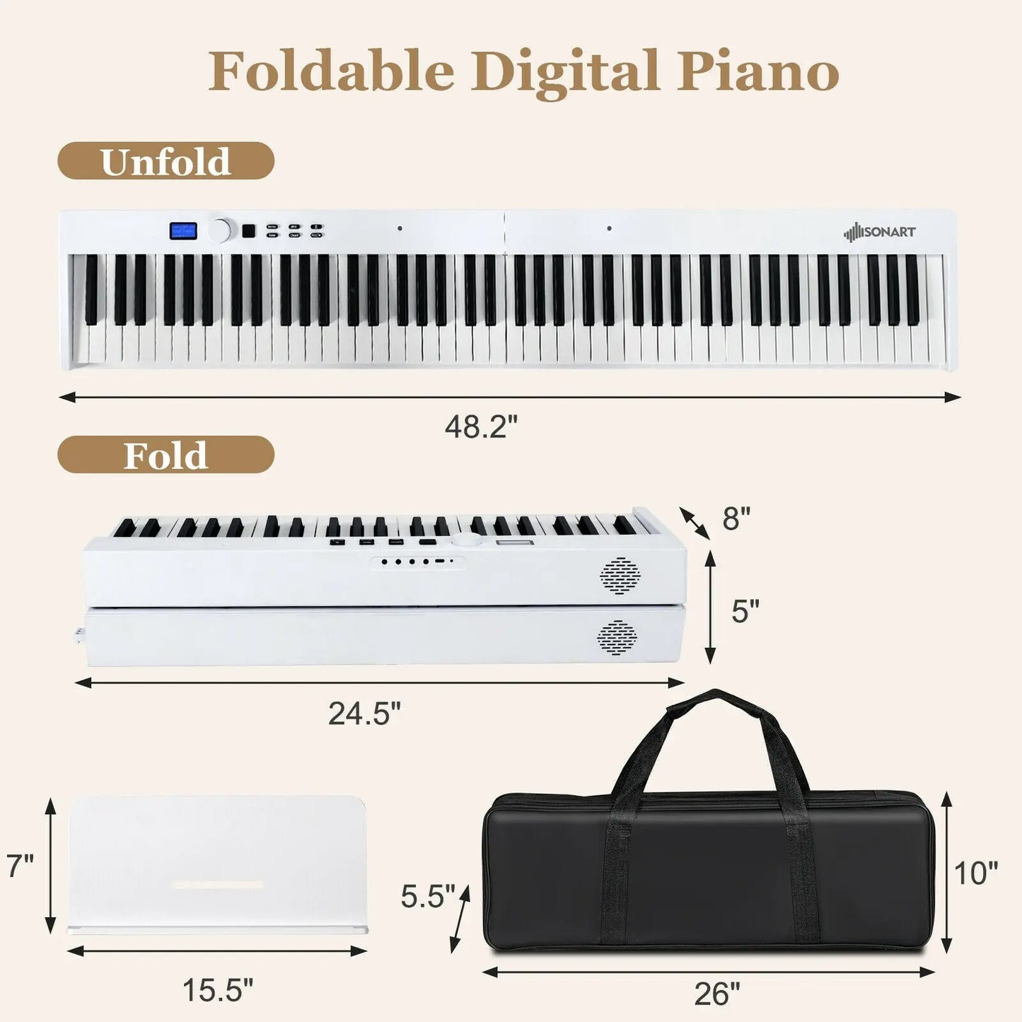 88-Key Foldable Digital Piano with MIDI and Wireless BT-Black Direct by Wilsons Home Store