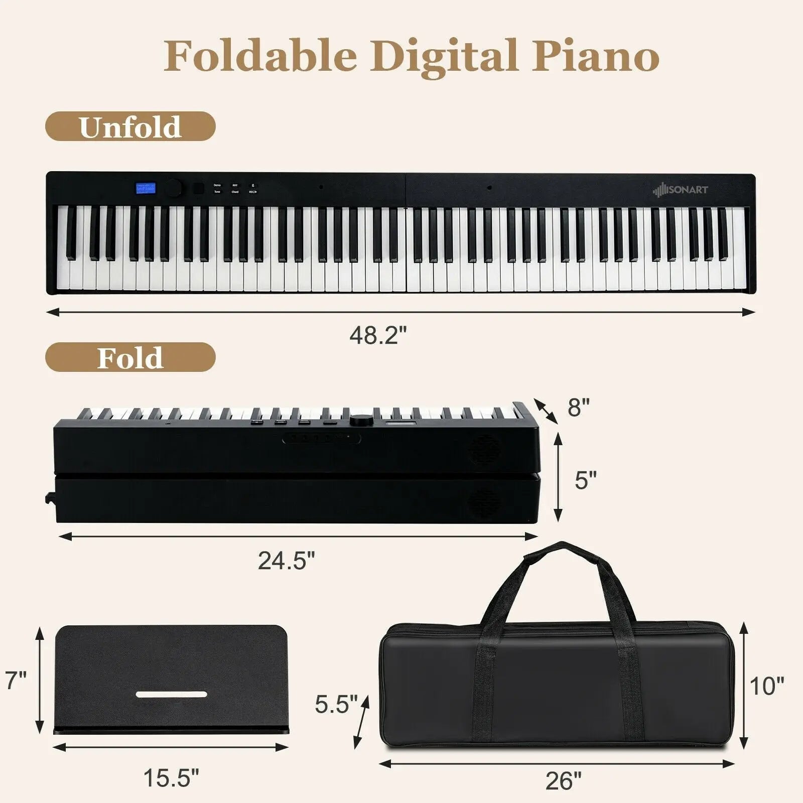 88-Key Foldable Digital Piano with MIDI and Wireless BT-Black Direct by Wilsons Home Store