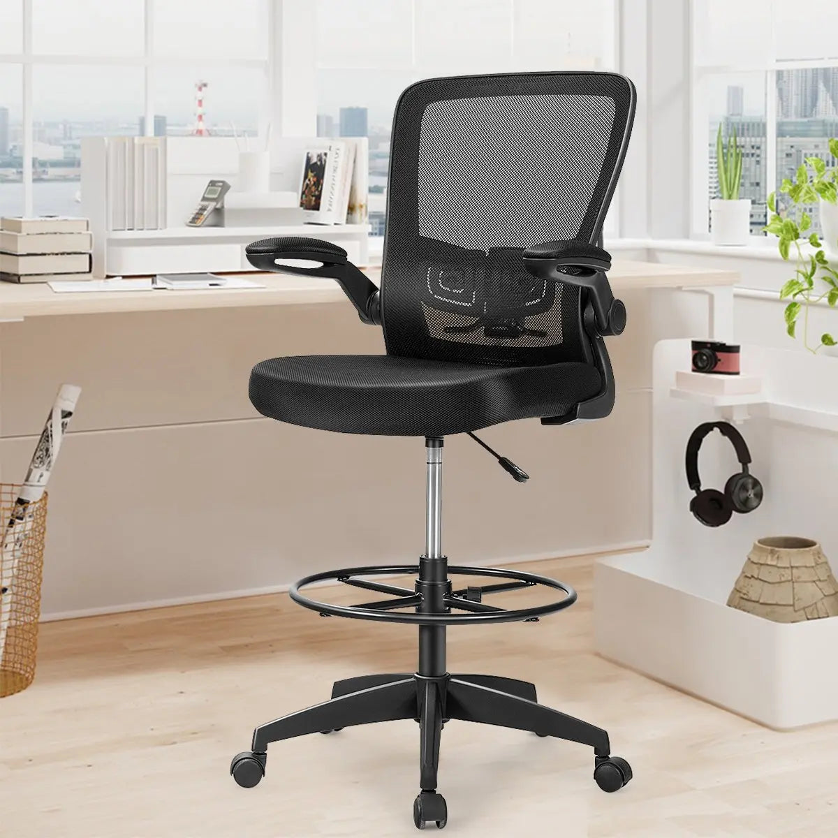 Height Adjustable Drafting Chair with Flip Up Arms-Black Direct by Wilsons Home Store