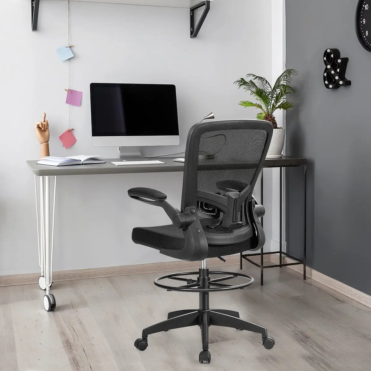 Height Adjustable Drafting Chair with Flip Up Arms-Black Direct by Wilsons Home Store