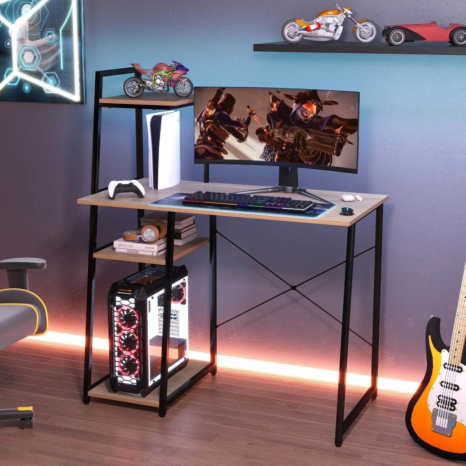 Computer Desk with Shelves and 3-Tier Storage Bookshelf-Brown Direct by Wilsons Home Store