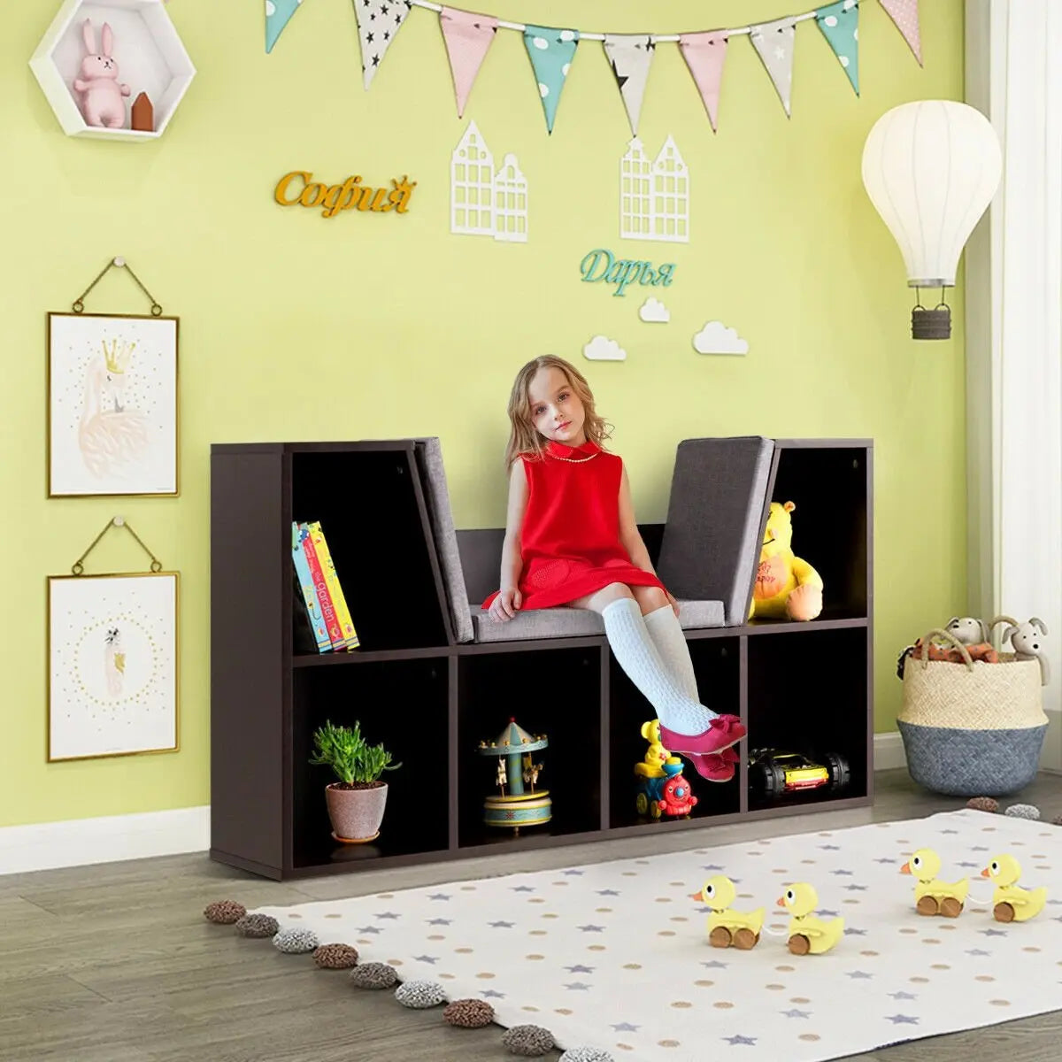 6-Cubby Kid Storage Bookcase Cushioned Reading Nook-Brown Direct by Wilsons Home Store