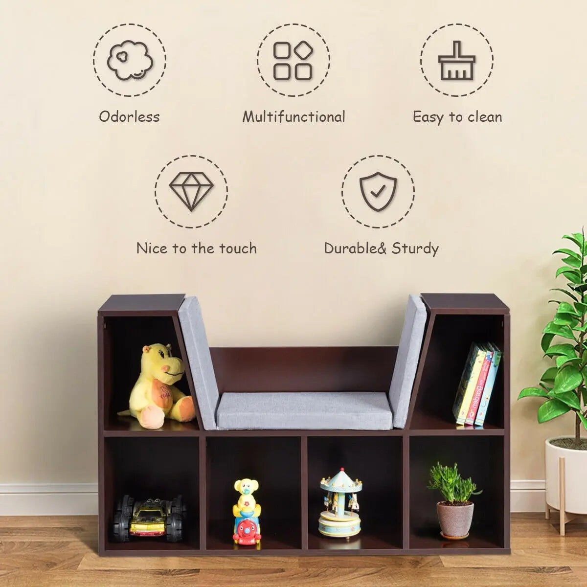6-Cubby Kid Storage Bookcase Cushioned Reading Nook-Brown Direct by Wilsons Home Store
