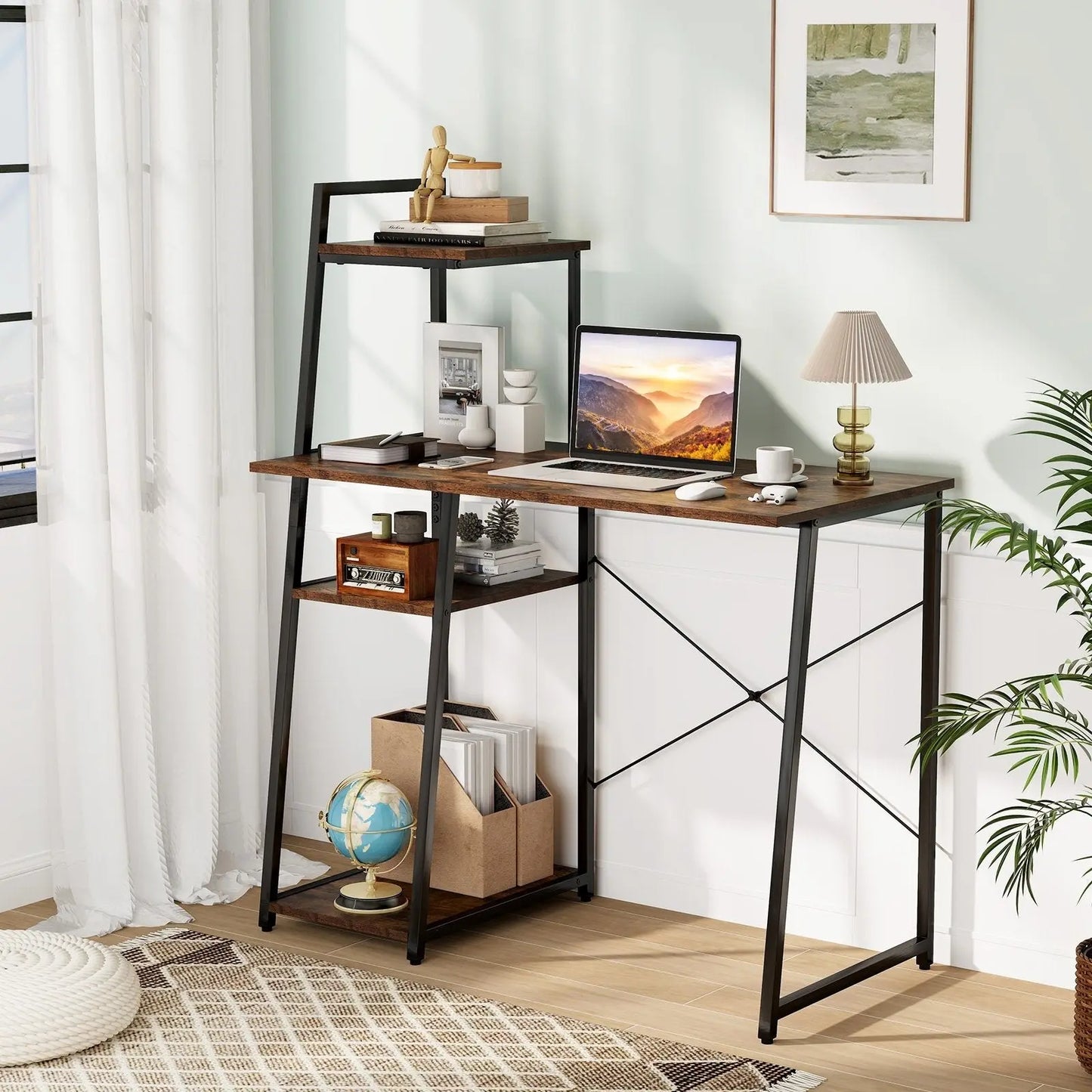 Computer Desk with Shelves and 3-Tier Storage Bookshelf-Brown Direct by Wilsons Home Store