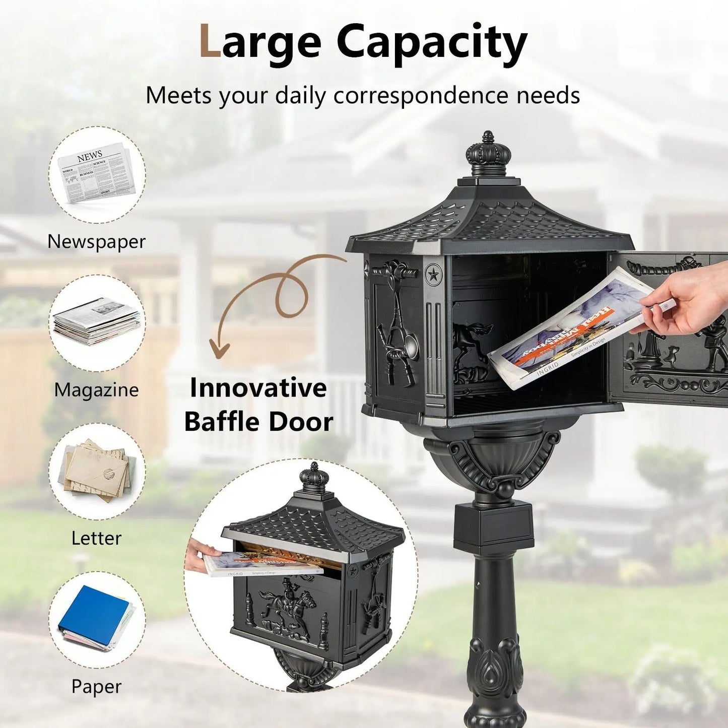 Retro Cast Aluminum Mailbox Security Postal Letter Box with Baffle Door-Black Direct by Wilsons Home Store