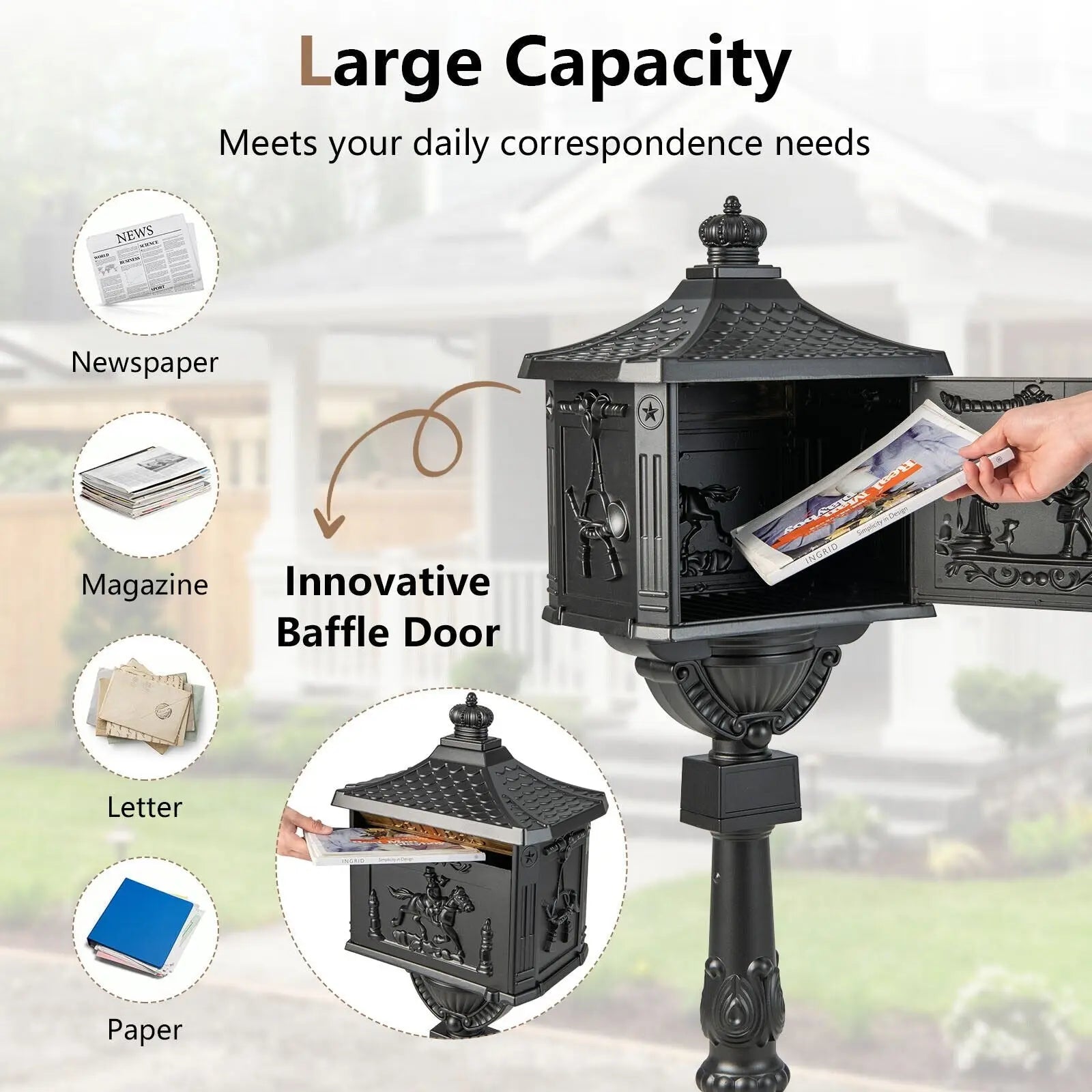 Retro Cast Aluminum Mailbox Security Postal Letter Box with Baffle Door-Black Direct by Wilsons Home Store