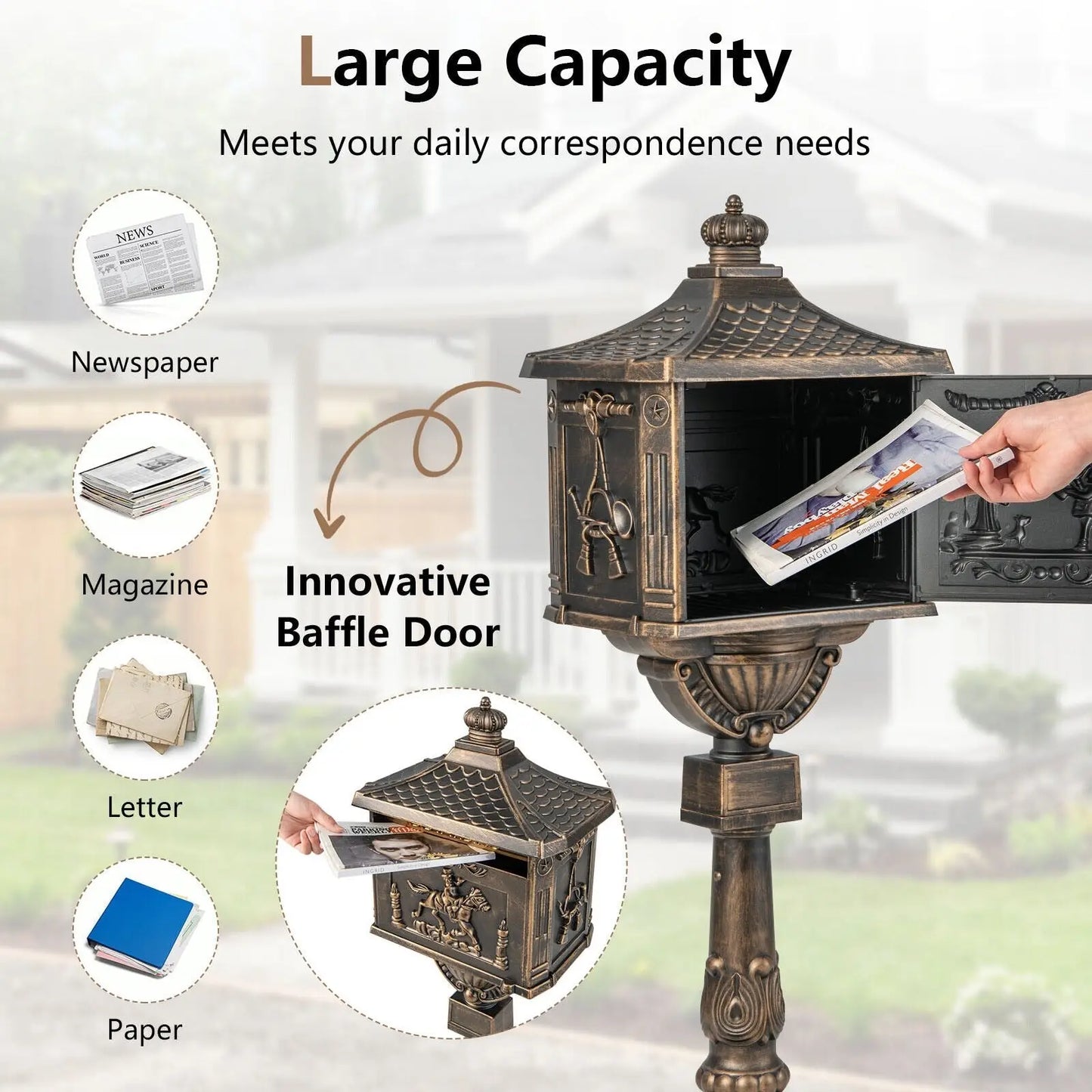 Retro Cast Aluminum Mailbox Security Postal Letter Box with Baffle Door-Black Direct by Wilsons Home Store