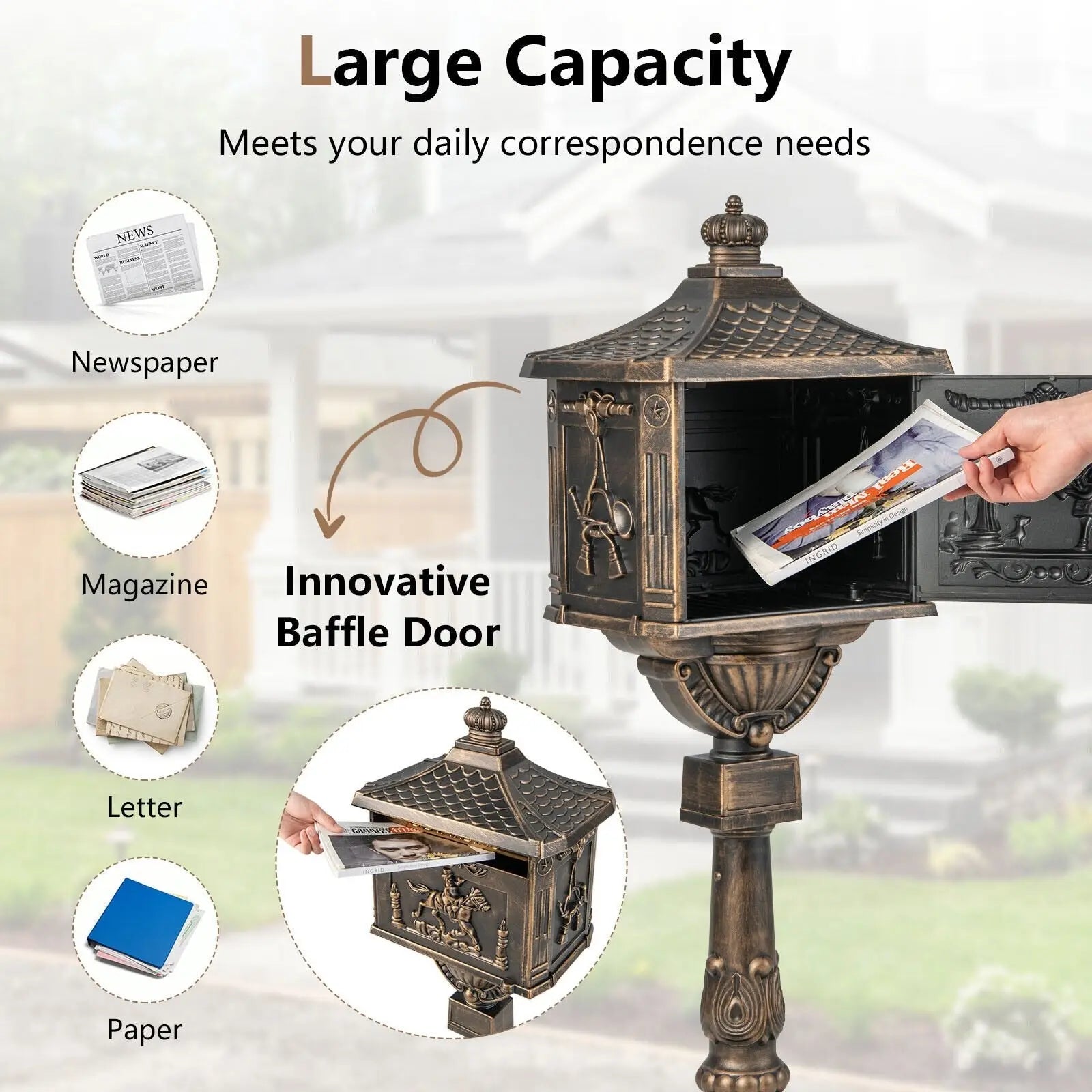 Retro Cast Aluminum Mailbox Security Postal Letter Box with Baffle Door-Black Direct by Wilsons Home Store