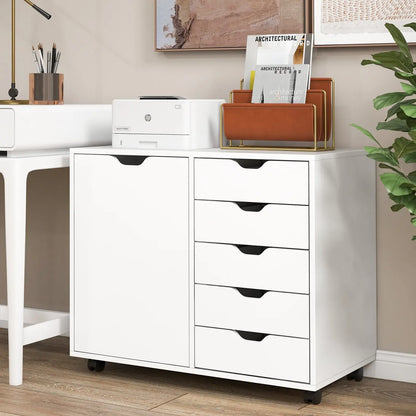 5-Drawer Dresser Chest Mobile Storage Cabinet with Door-White Direct by Wilsons Home Store