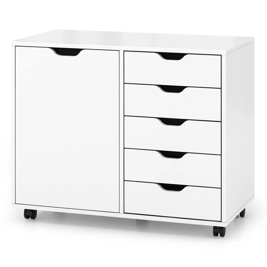 5-Drawer Dresser Chest Mobile Storage Cabinet with Door-White Direct by Wilsons Home Store