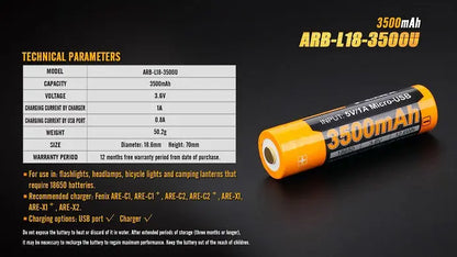 Fenix ARB-L18-3500U USB Rechargeable Li-ion 18650 Battery RMH RV Parts