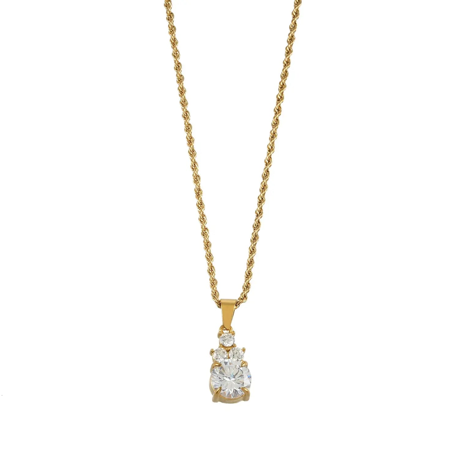 DANAE Gold: Textured Rope Chain with Zirconia Gems Pendant – Trio of Mini Stones on a Larger Gem HACKNEY NINE Jewellery