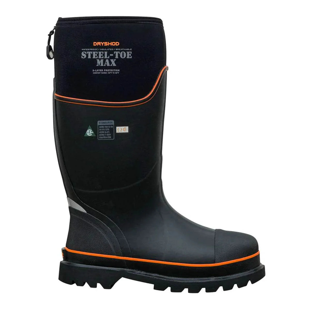 Dryshod Unisex Steel-Toe Max CSA High Black/Orange, featuring steel-toe unisex work boots for protection and comfort.