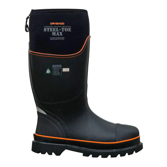 Dryshod Unisex Steel-Toe Max CSA High Black/Orange, featuring steel-toe unisex work boots for protection and comfort.