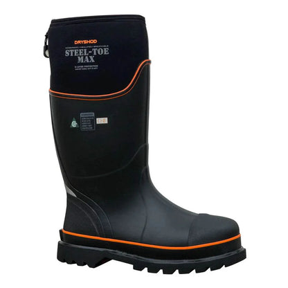 Dryshod unisex steel-toe Max CSA high work boots in black and orange color, durable and insulated for cold conditions, steel-toe unisex work boots.