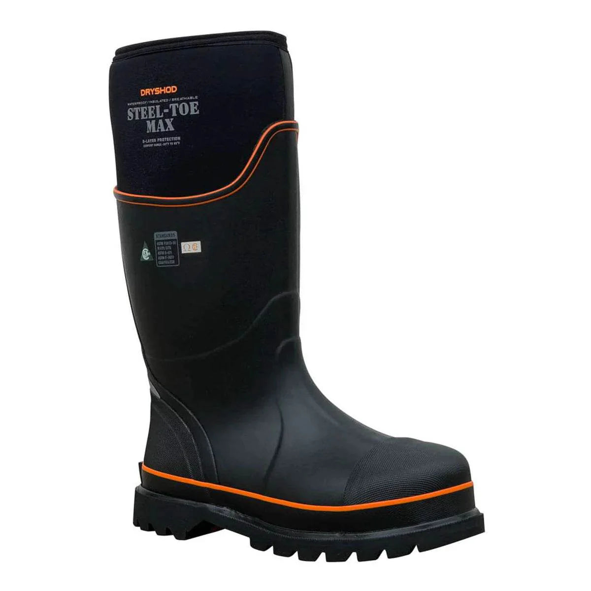Dryshod unisex steel-toe Max CSA high work boot in black and orange, perfect for steel-toe unisex work boots.