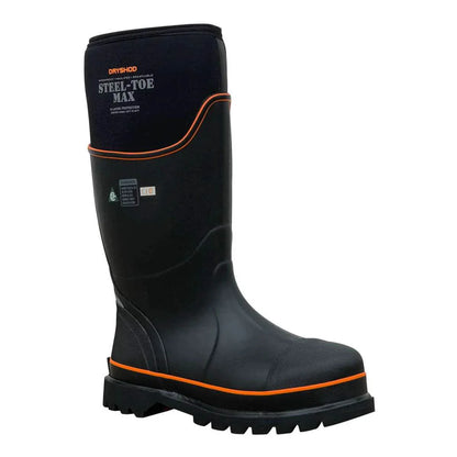 Dryshod unisex steel-toe Max CSA high work boot in black and orange, perfect for steel-toe unisex work boots.