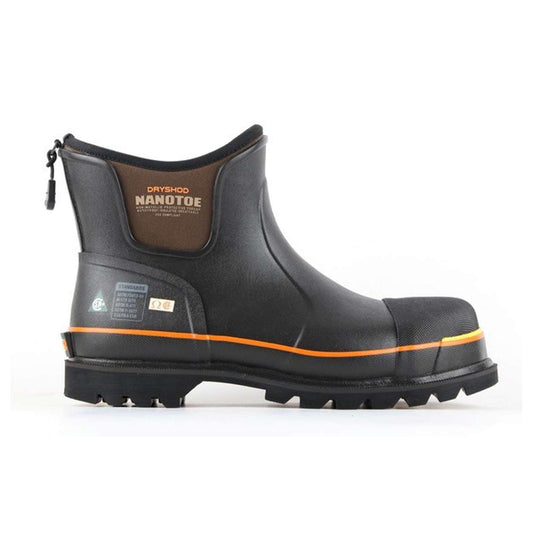 Dryshod unisex CSA safety ankle boots in brown/orange, featuring non-metallic toe and durable construction for comfort.