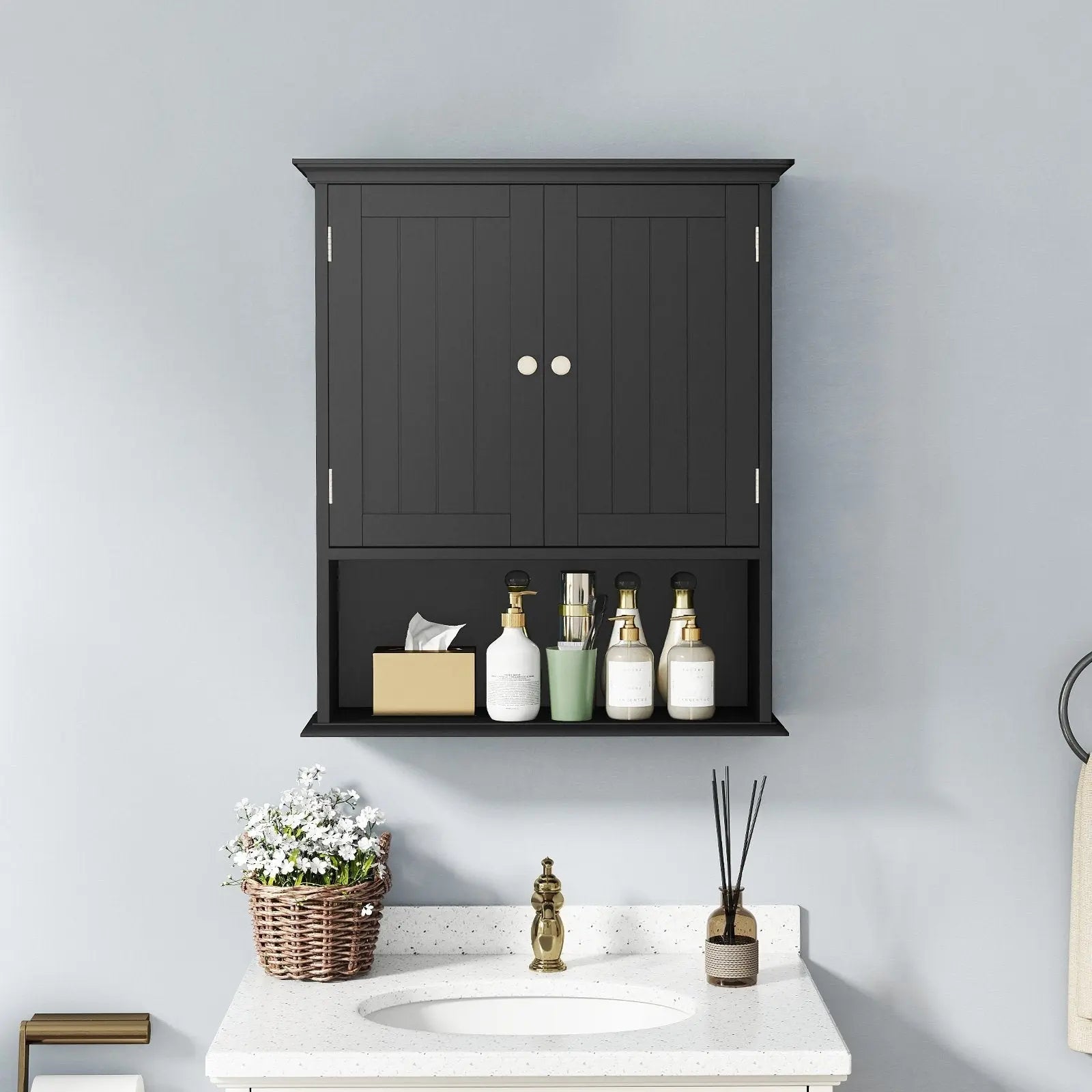 Wall Mount Bathroom Cabinet Storage Organizer with Doors and Shelves-Black Direct by Wilsons Home Store