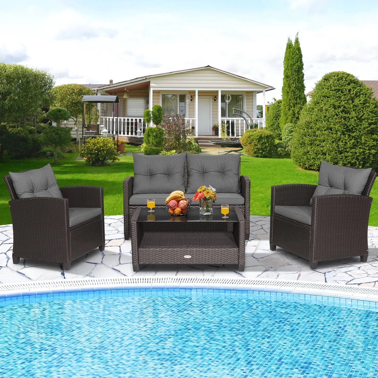 4 Pieces Outdoor Rattan Armrest Furniture Set Table with Lower Shelf-Beige Direct by Wilsons Home Store
