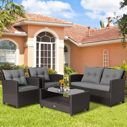 4 Pieces Outdoor Rattan Armrest Furniture Set Table with Lower Shelf-Beige Direct by Wilsons Home Store