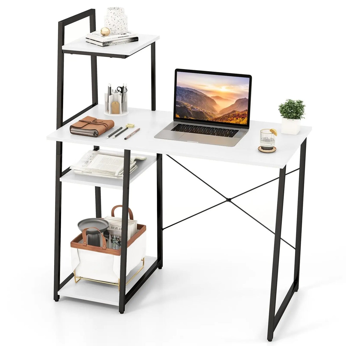 Computer Desk with Shelves and 3-Tier Storage Bookshelf-Brown Direct by Wilsons Home Store