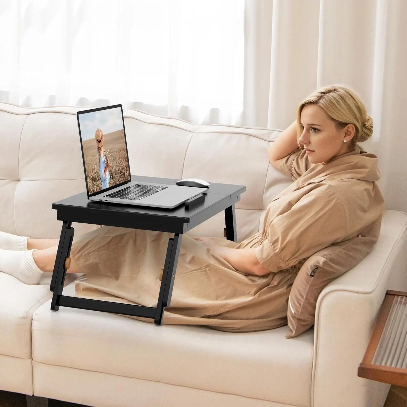 Adjustable Bamboo Laptop Desk with Tilting Top and Drawer-Brown Direct by Wilsons Home Store