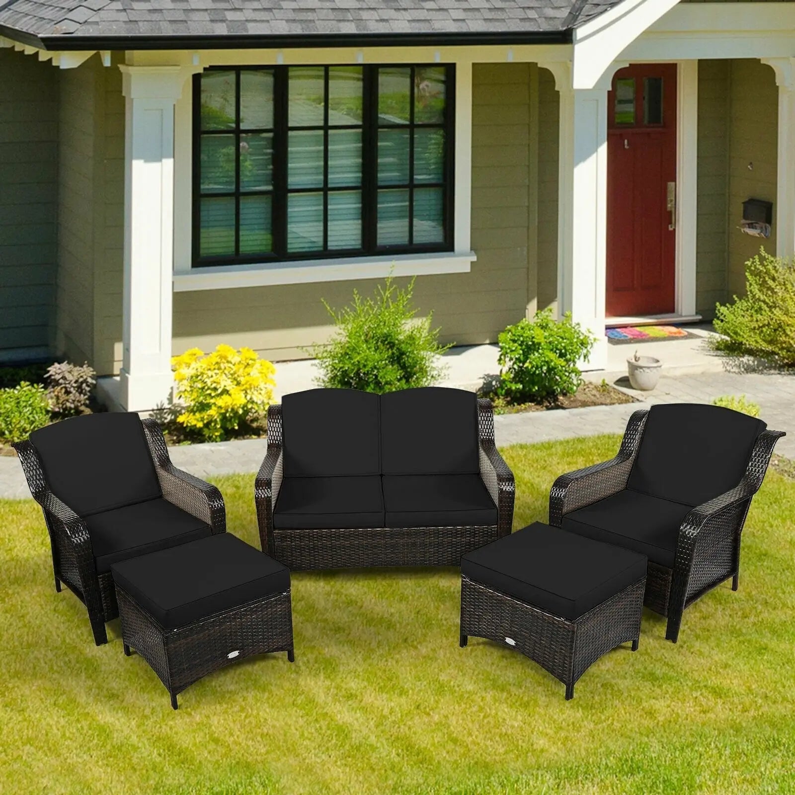 5 Pieces Patio Rattan Sofa Set with Cushion and Ottoman-Black Direct by Wilsons Home Store