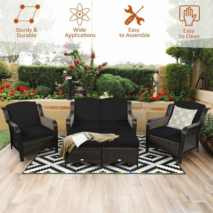 5 Pieces Patio Rattan Sofa Set with Cushion and Ottoman-Black Direct by Wilsons Home Store