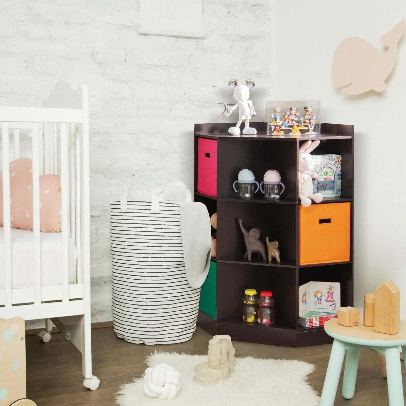 3-Tier Kids Storage Shelf Corner Cabinet with 3 Baskets-Brown Direct by Wilsons Home Store