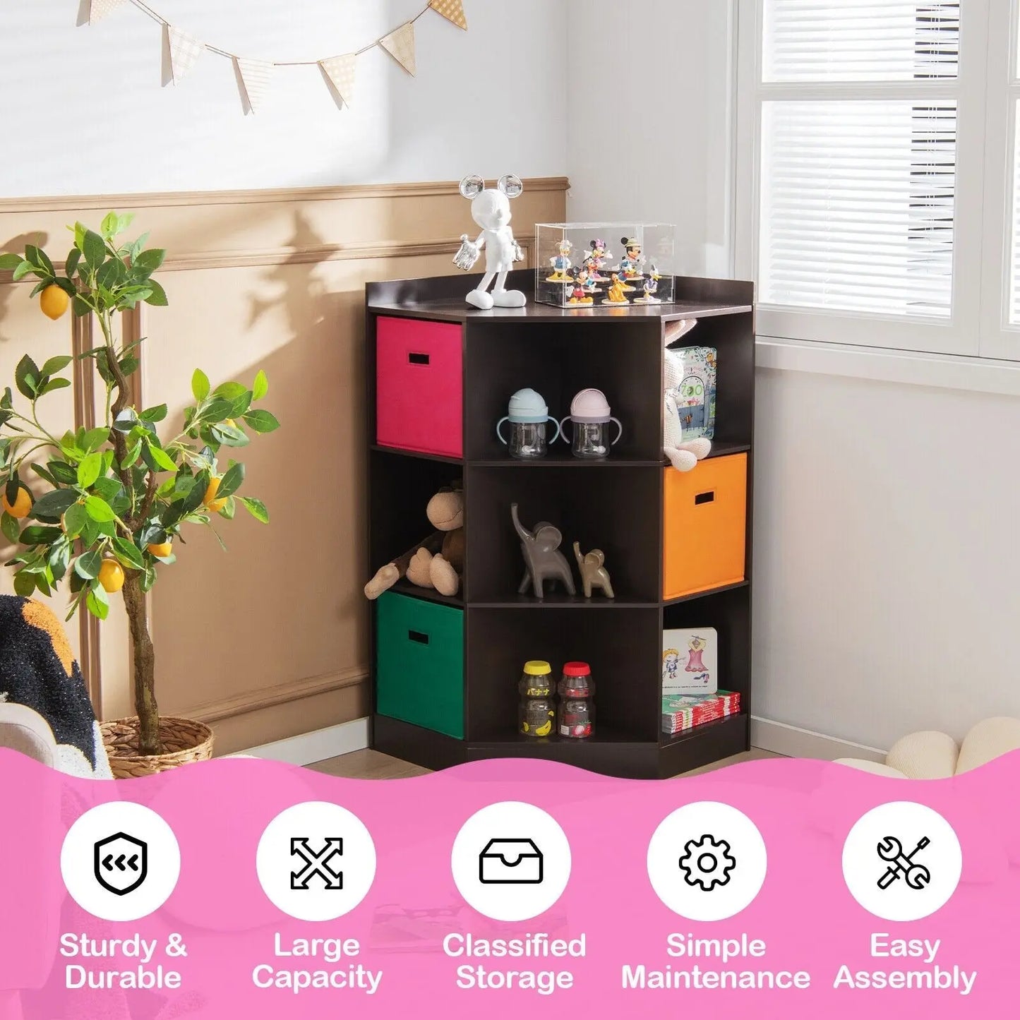 3-Tier Kids Storage Shelf Corner Cabinet with 3 Baskets-Brown Direct by Wilsons Home Store